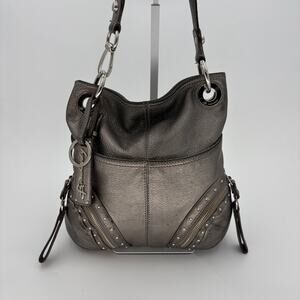 B Makowsky Silver Metallic Leather Studded Slouchy Shoulder Bag Wear